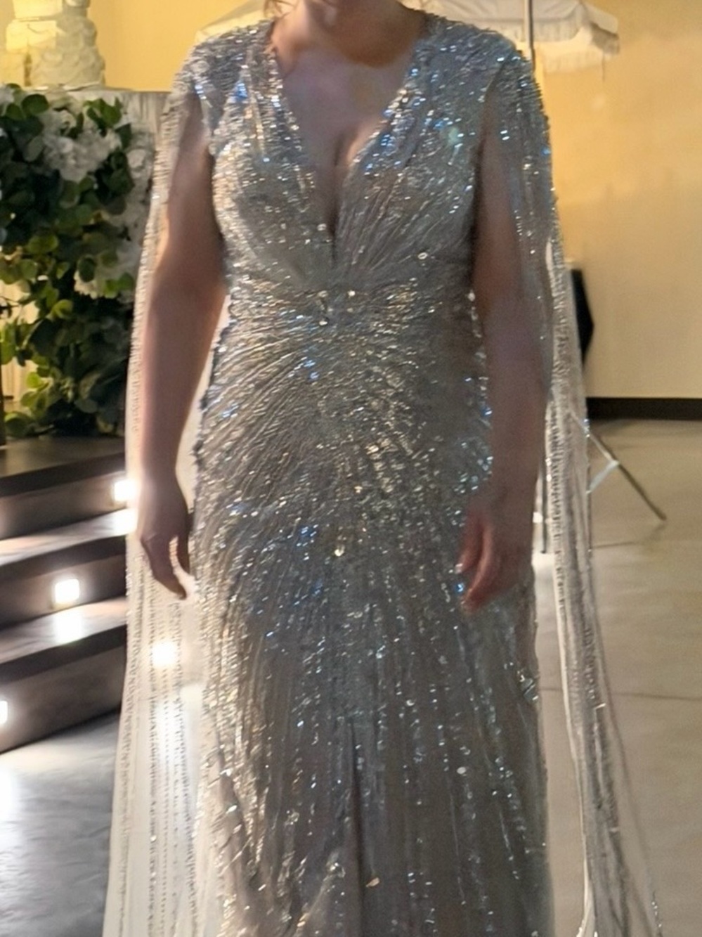 Silver Sequin Evening Gown with Draped Sleeves